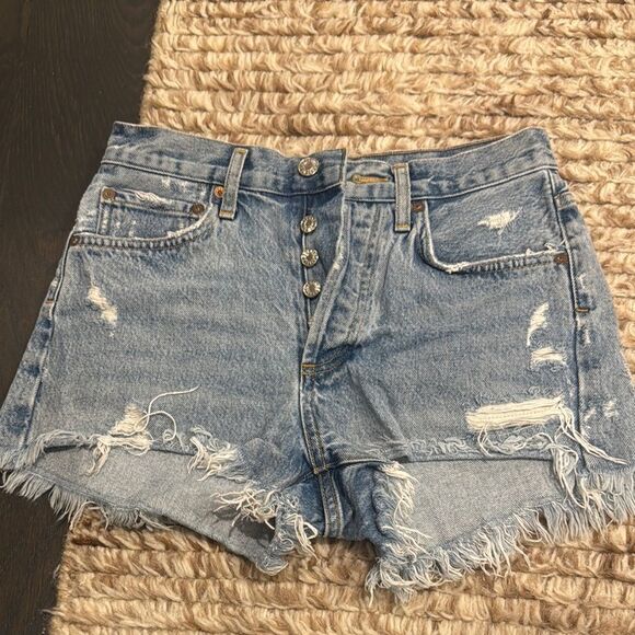Agolde Blue Distressed Jean Shorts with Frayed Hem - Picture 1 of 6